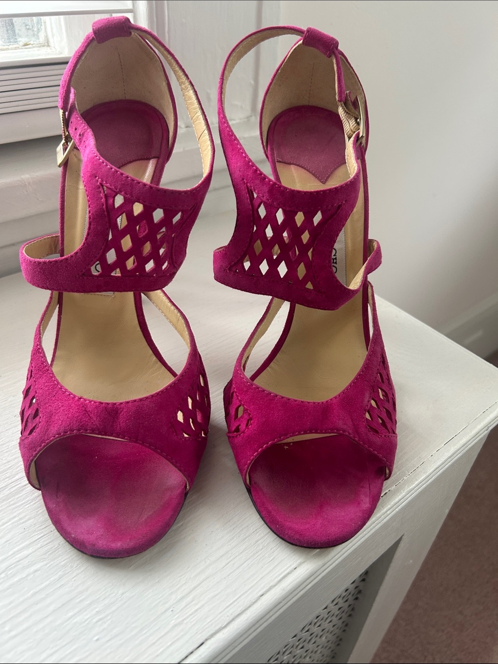 Jimmy Choo Fuchsia Suede Cutout Peep-Toe Heels. 40